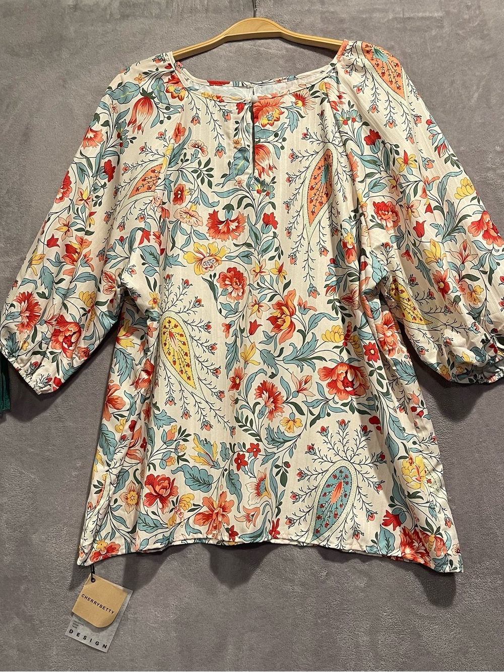 CHERRYBETTY Plus Size XXL Floral Peasant Blouse with Multicolor Paisley Print